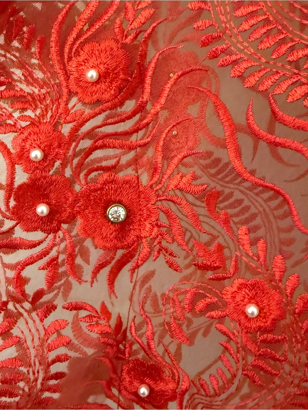 Vintage 1970s Semi-sheer Red Embroidered Lace Kaftan Top with Floral Appliqué - Picture 6 of 6
